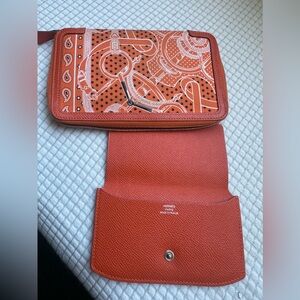 HERMES Soie Cool orange paisley print silk leather  wallet .
